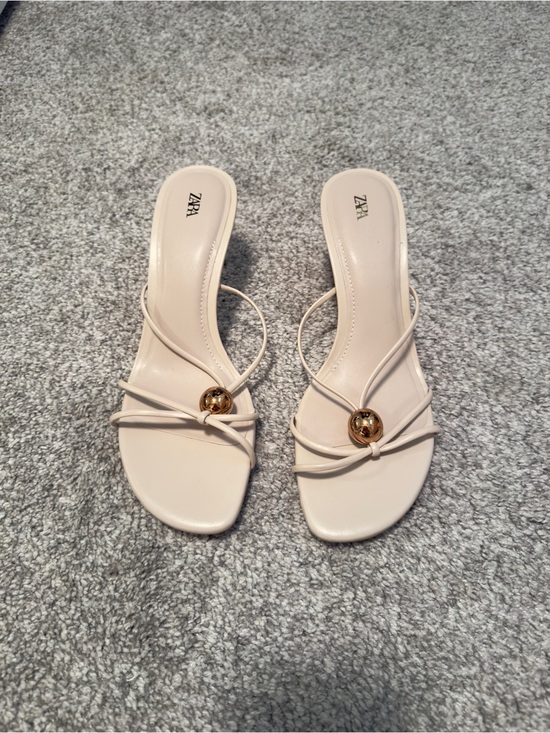 Zara Shoes - Zara Beige Strappy Slide Sandals with Gold Accent